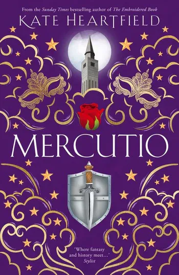 A purple book cover with gold elements, and a tower, a moon, a rose, a sword and shield.